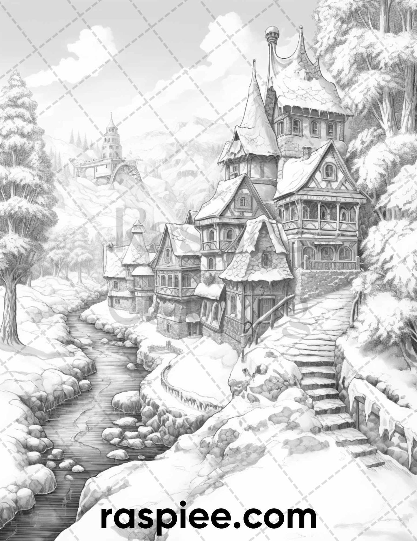 40 Fantasy Winter Village Grayscale Coloring Pages for Adults, PDF File Instant Download