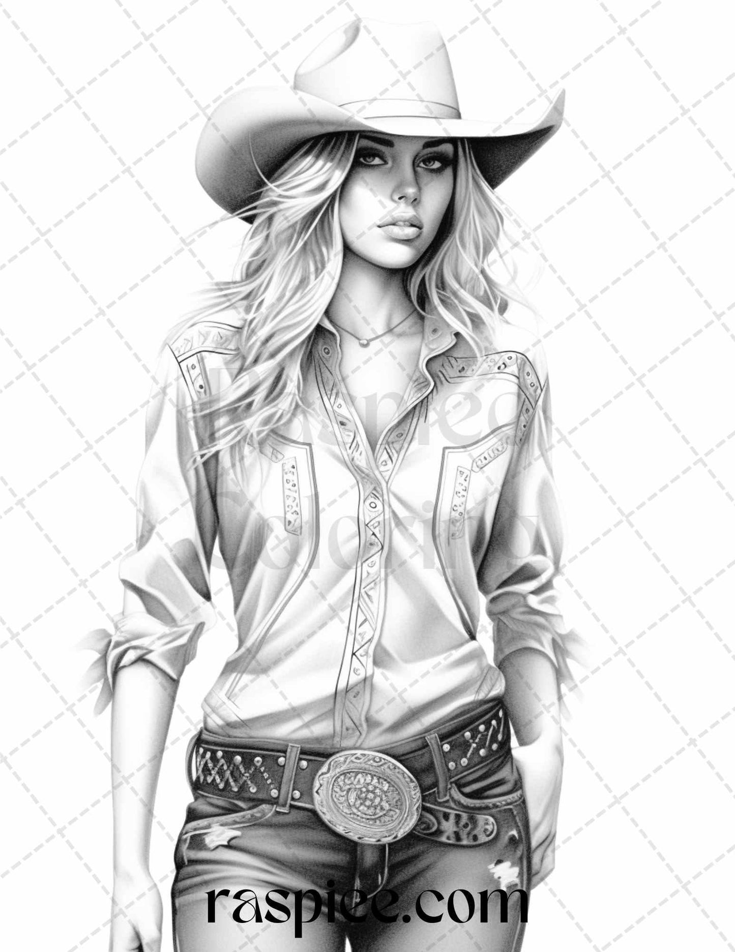 40 Beautiful Cowgirls Grayscale Coloring Pages Printable for Adults, PDF File Instant Download