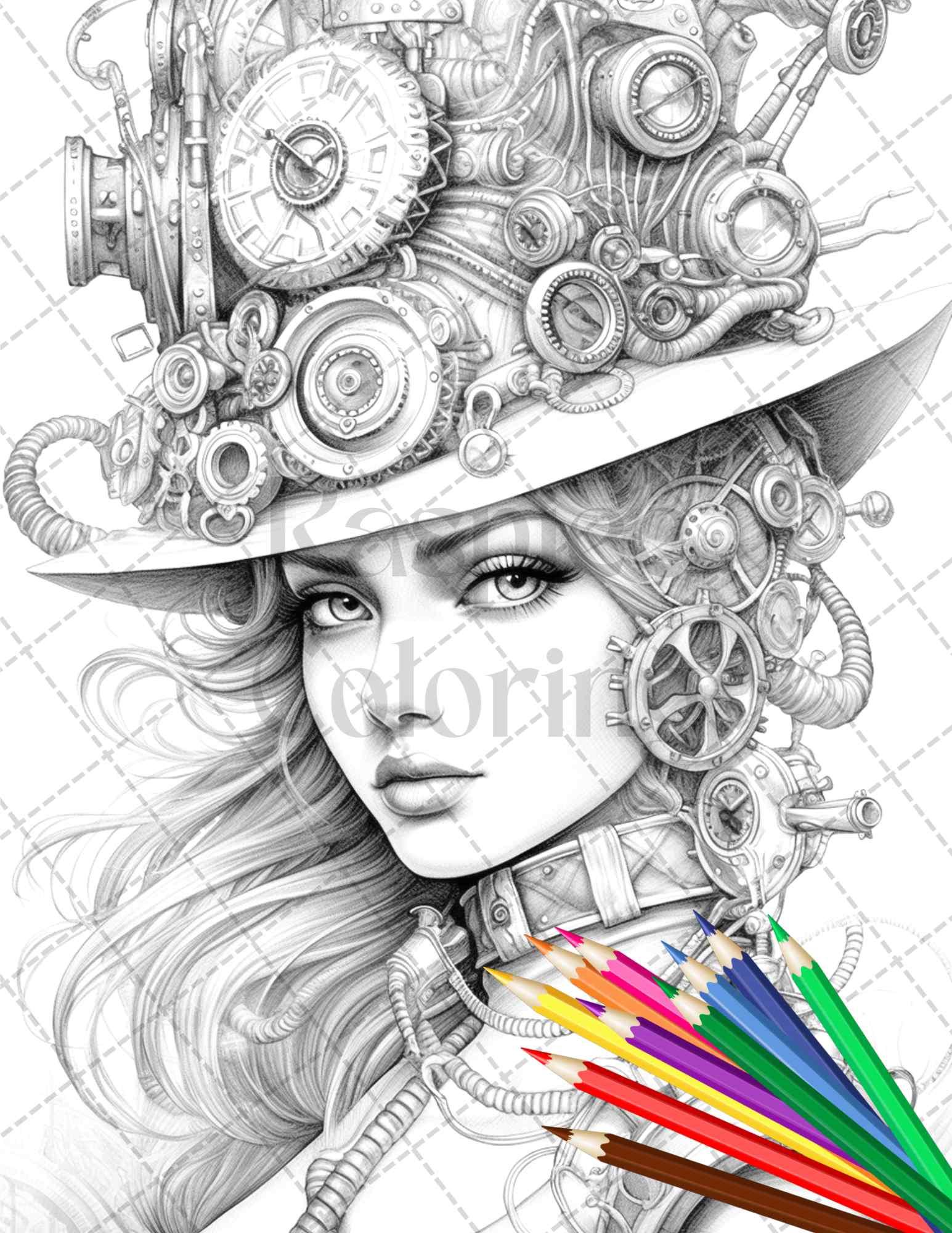 40 Steampunk Ladies Grayscale Coloring Pages Printable for Adults, PDF File Instant Download