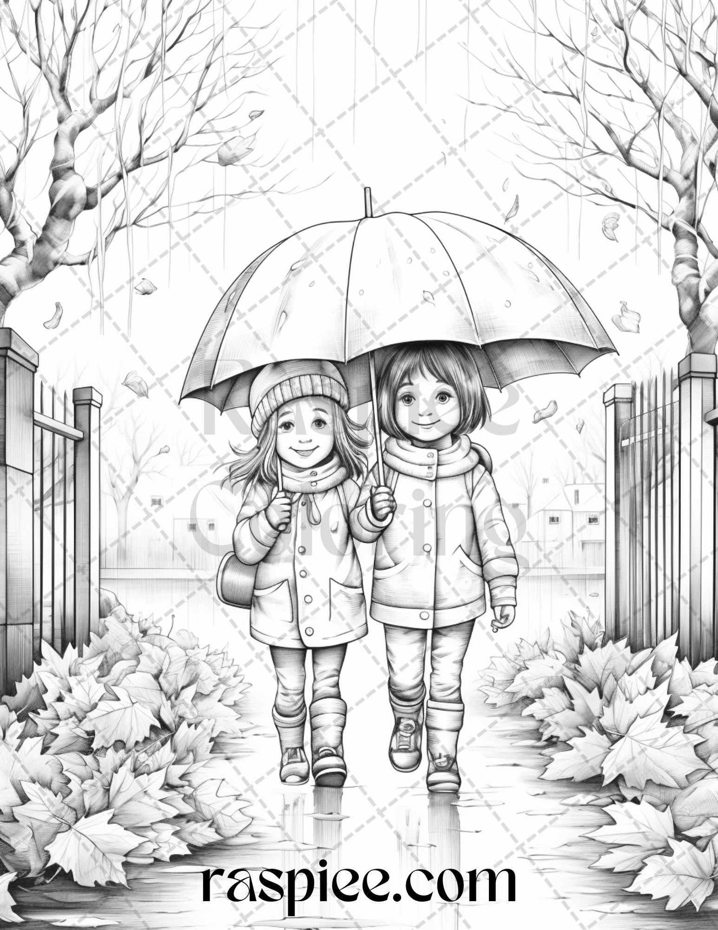 40 Rainy Autumn Day Grayscale Coloring Pages Printable for Adults and Kids, PDF File Instant Download