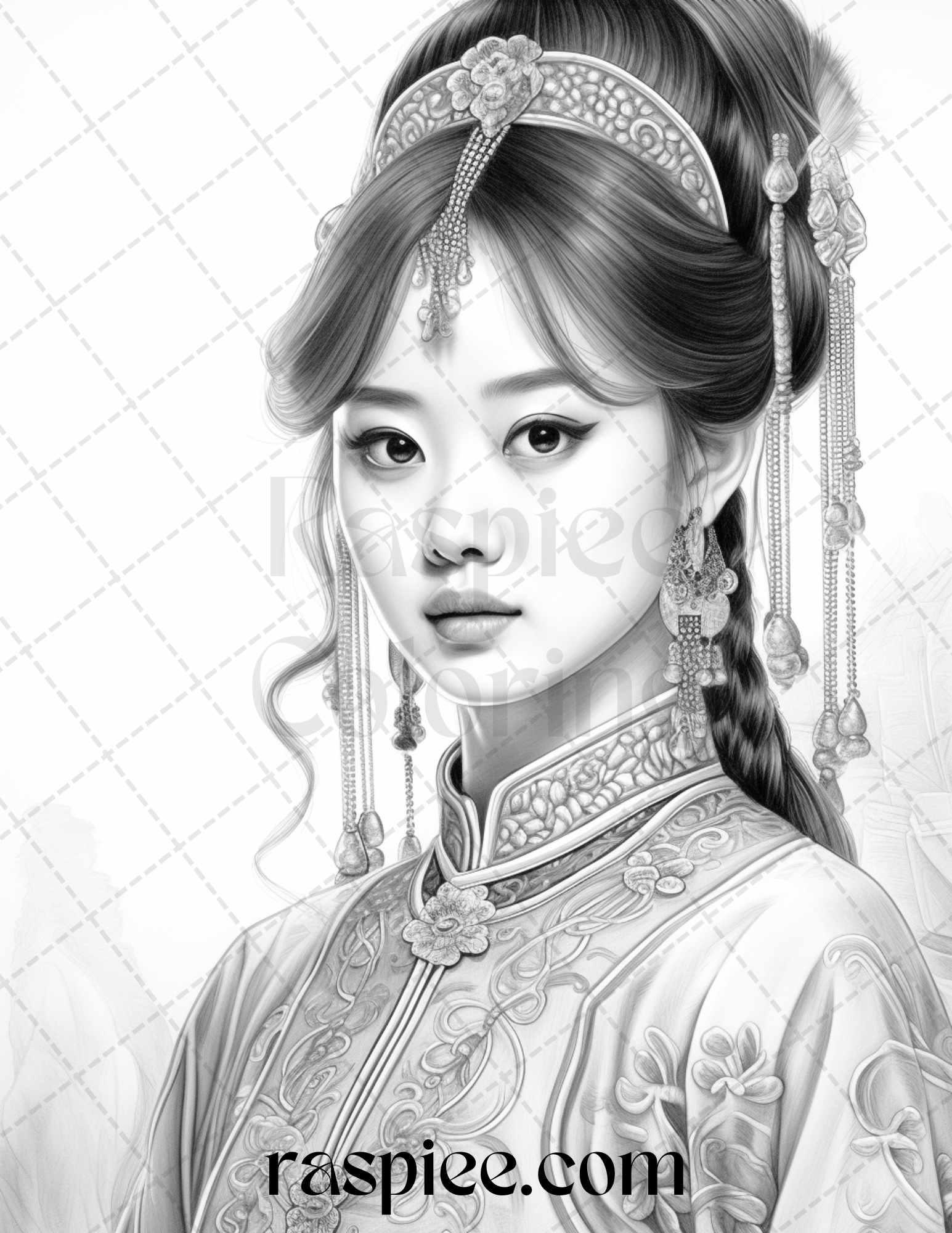 40 Beautiful Chinese Girls Grayscale Coloring Pages for Adults, Printable PDF File Instant Download