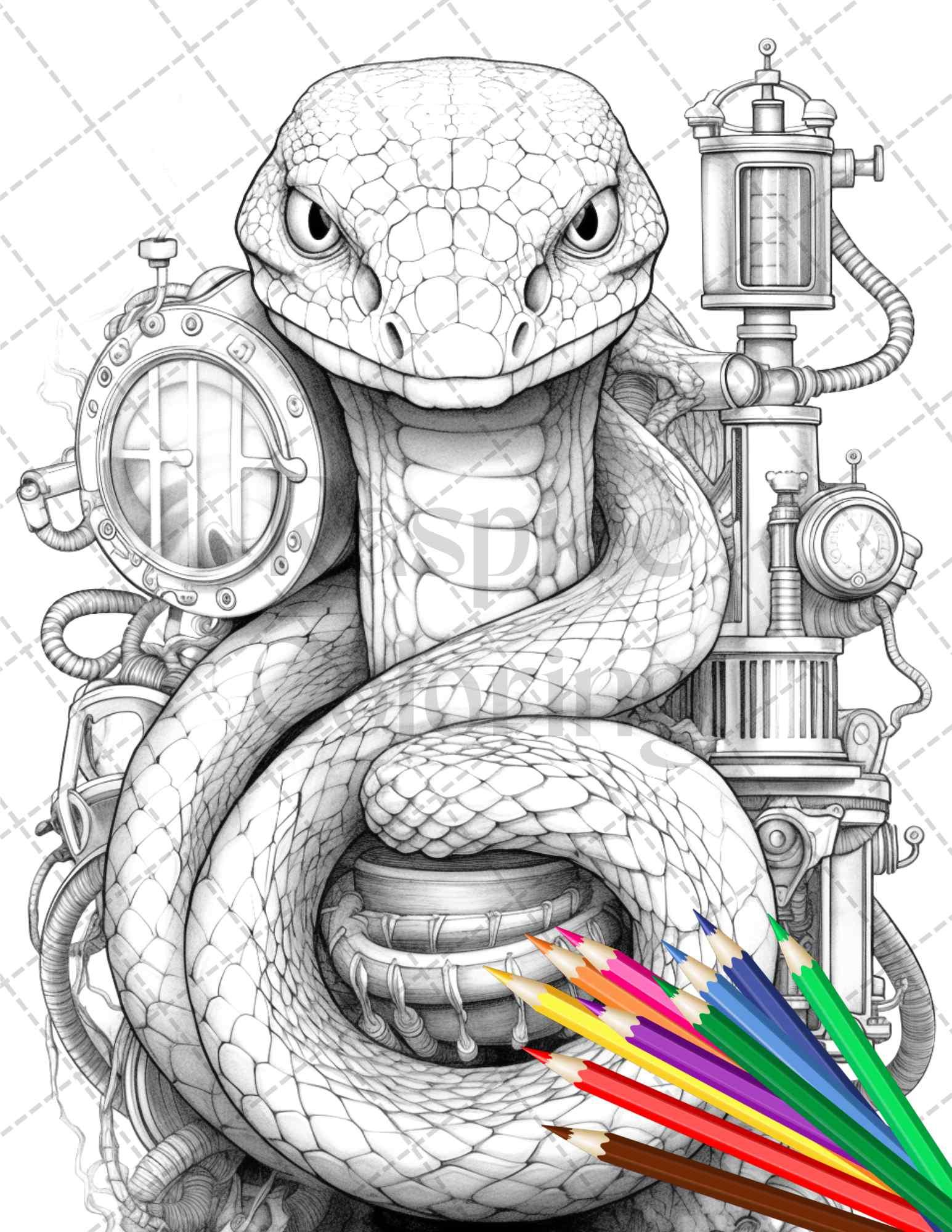 45 Steampunk Animals Grayscale Coloring Pages Printable for Adults Vol. 2, PDF File Instant Download