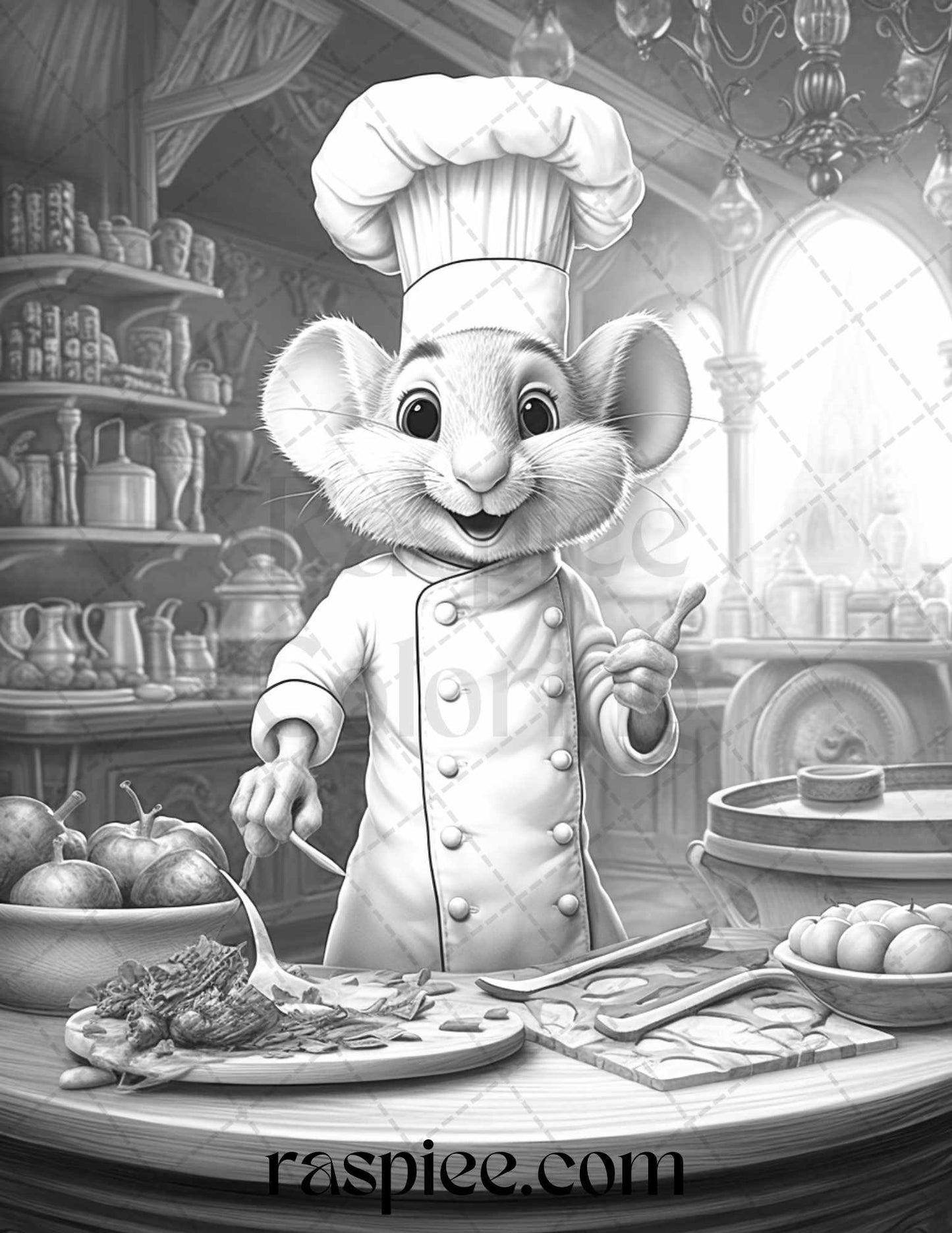 45 Mouse Chef Grayscale Coloring Pages Printable for Adults, PDF File Instant Download