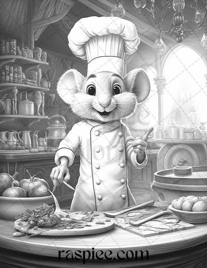 45 Mouse Chef Grayscale Coloring Pages Printable for Adults, PDF File Instant Download