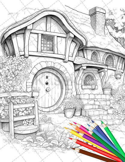 43 Enchanted Hobbiton Houses Grayscale Coloring Pages Printable for Adults, PDF File Instant Download