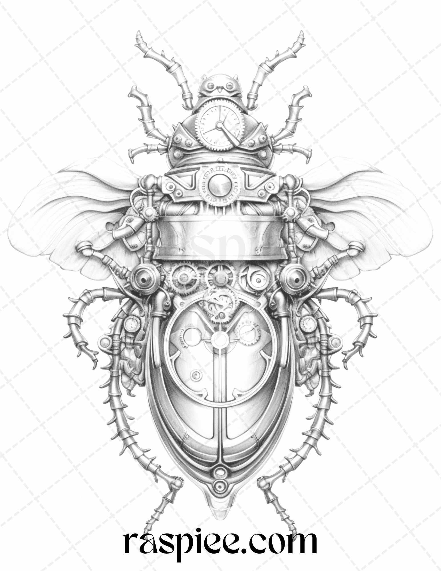 42 Steampunk Bugs Grayscale Coloring Pages Printable for Adults, PDF File Instant Download