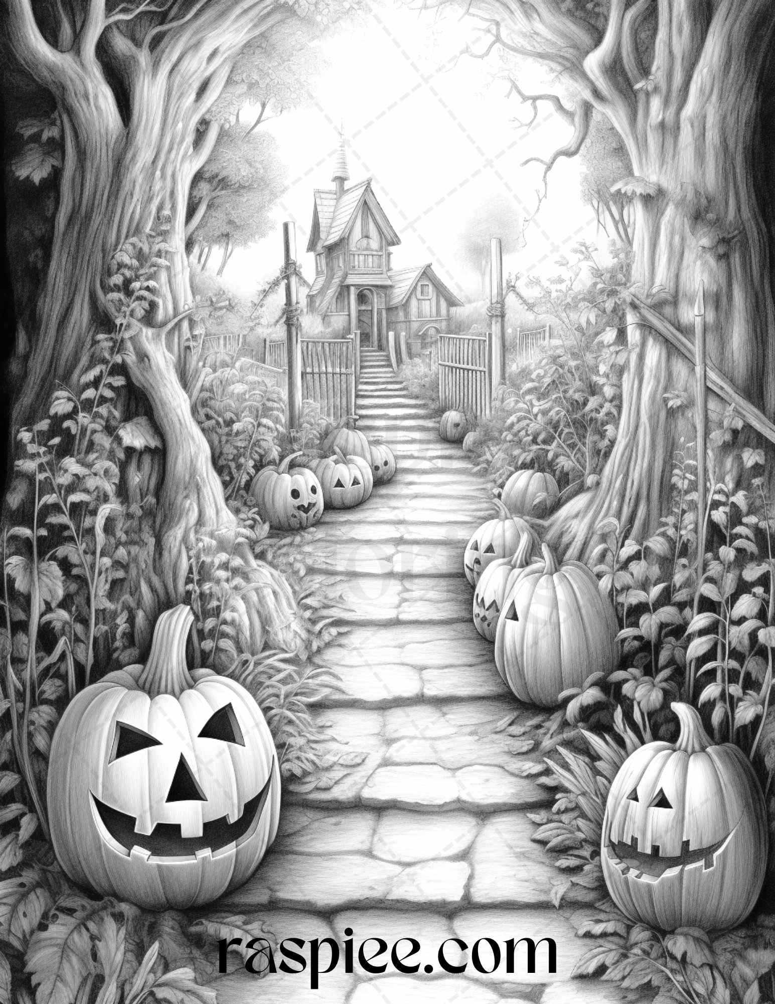 Ghoulish Halloween Grayscale Coloring Pages Printable for Adults, PDF File Instant Download