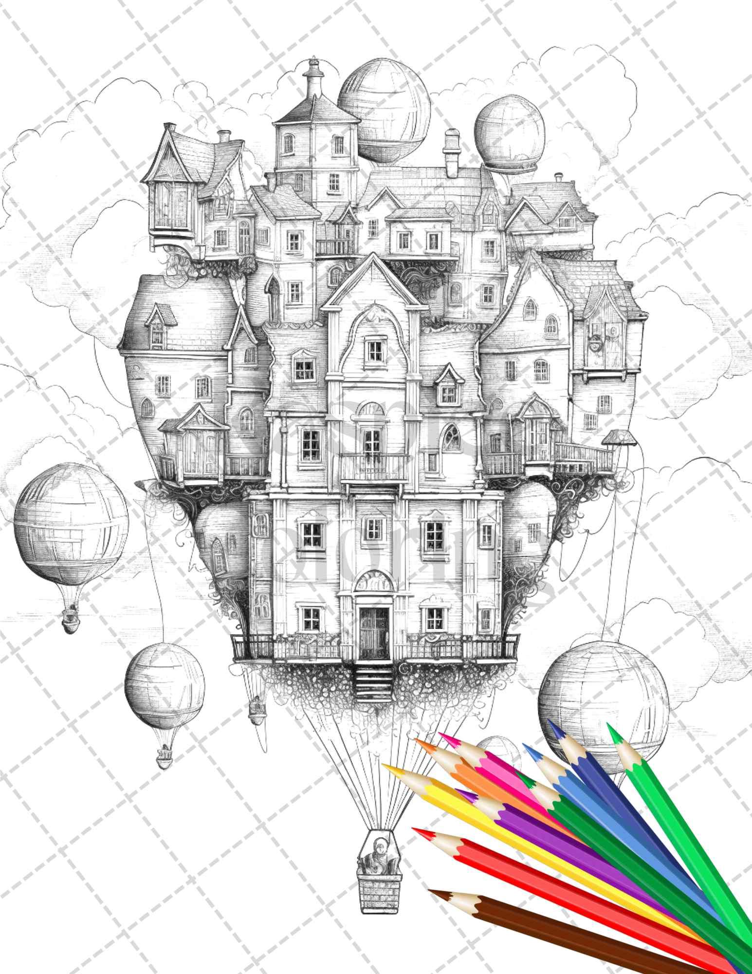 40 Fantasy Sky Houses Grayscale Coloring Pages Printable for Adults, PDF File Instant Download