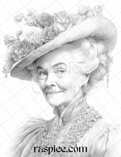 50 Victorian Grandma Grayscale Coloring Pages Printable for Adults, PDF File Instant Download