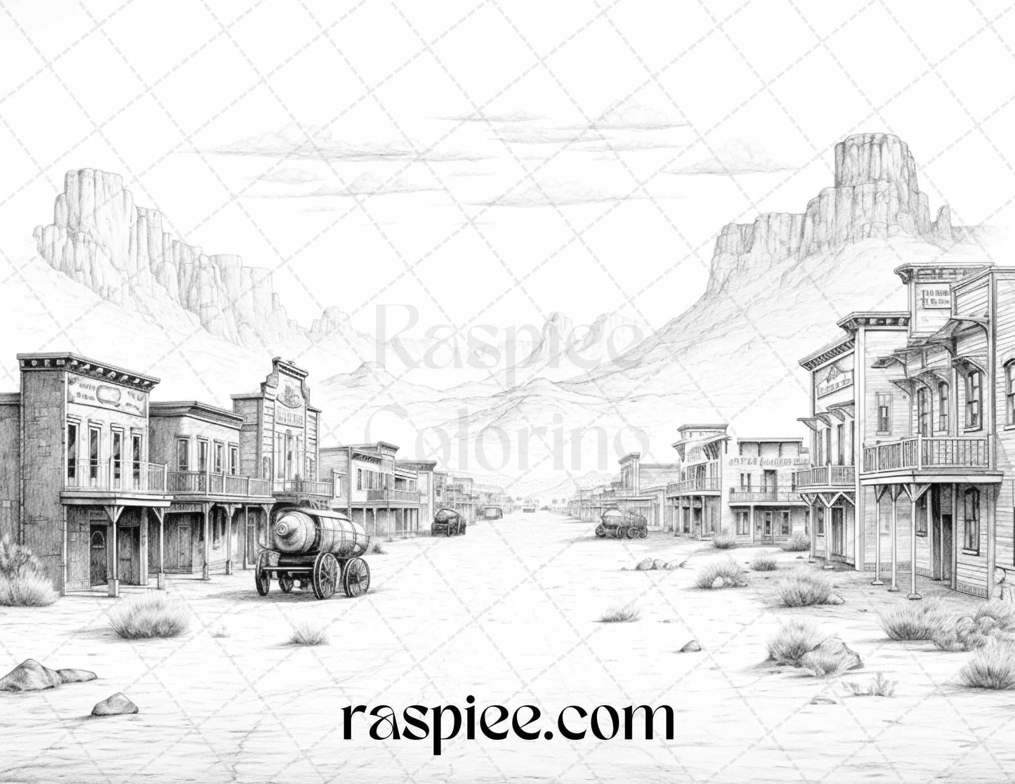 40 Wild West Towns Grayscale Coloring Pages Printable for Adults, PDF File Instant Download