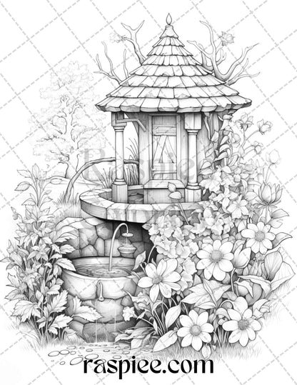 40 Whimsical Wishing Wells Grayscale Coloring Pages Printable for Adults, PDF File Instant Download