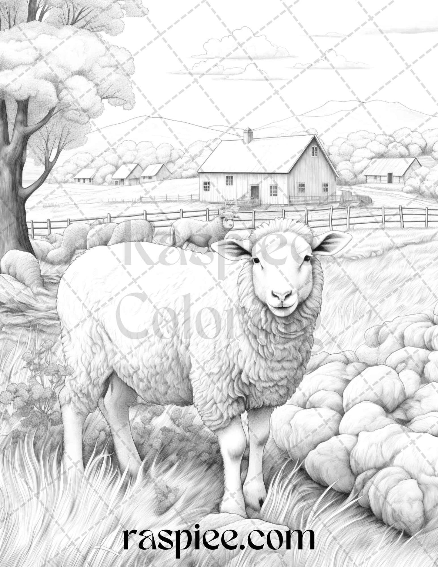 40 Farmstead Serenity Grayscale Coloring Pages Printable for Adults, PDF File Instant Download