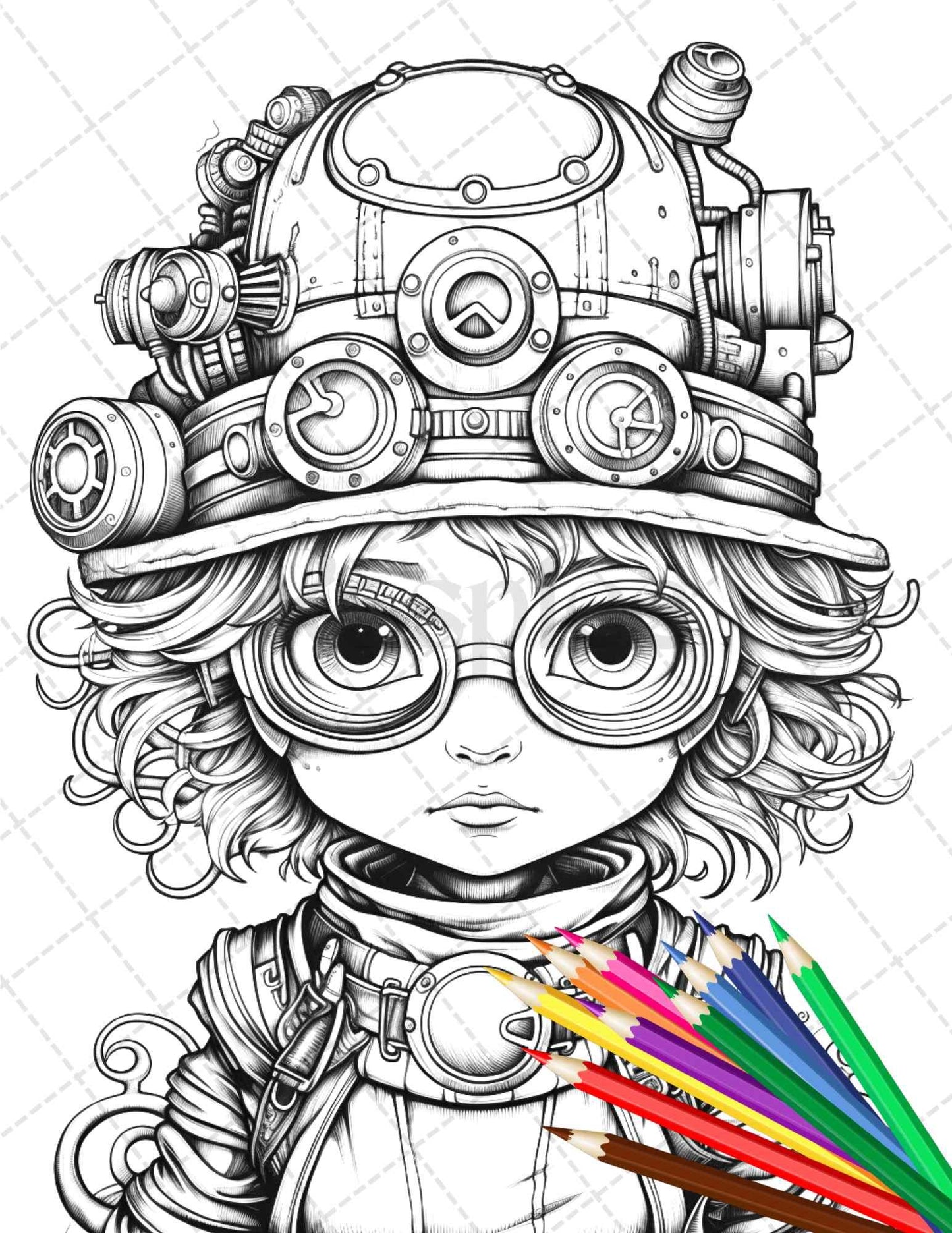 31 Adorable Steampunk Girls Coloring Pages Printable for Adults, Grayscale Coloring Page, PDF File Instant Download