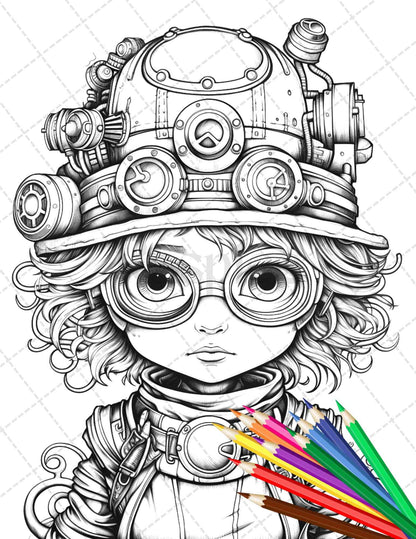 31 Adorable Steampunk Girls Coloring Pages Printable for Adults, Grayscale Coloring Page, PDF File Instant Download