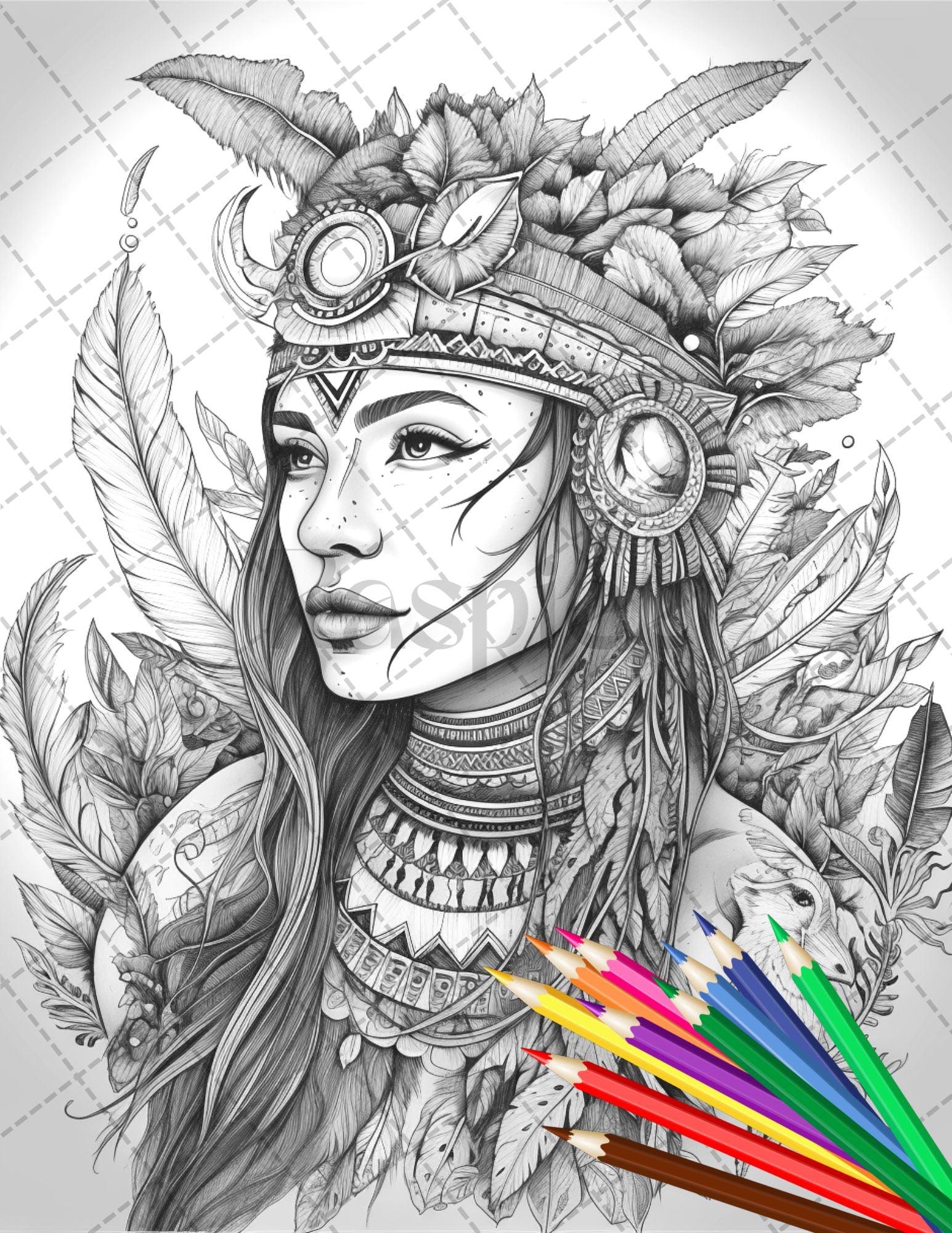 30 Native American Girls Printable Coloring Pages for Adult, Native American Culture Grayscale Coloring Book, Printable PDF File Download