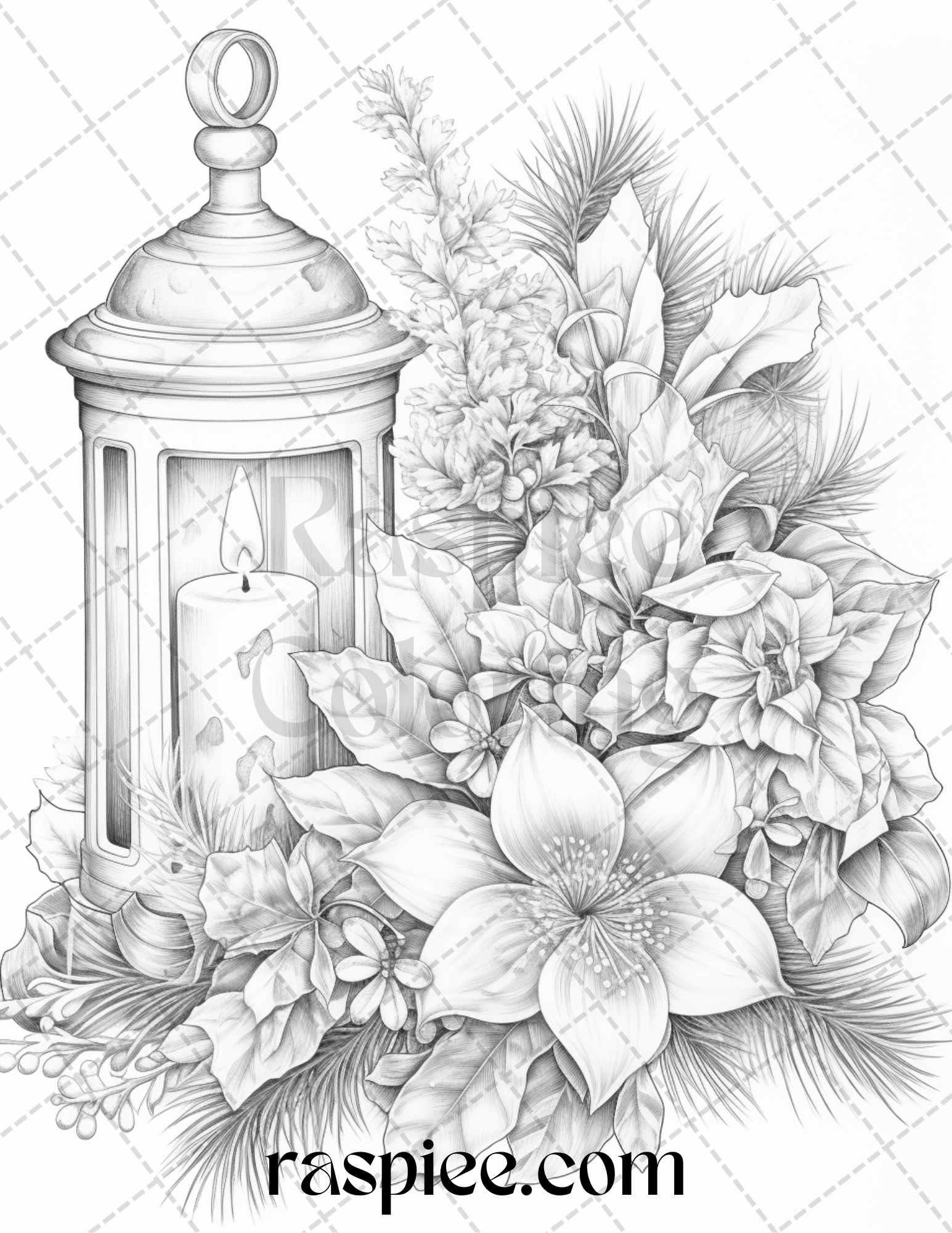 45 Christmas Flowers Grayscale Coloring Pages Printable for Adults, PDF File Instant Download