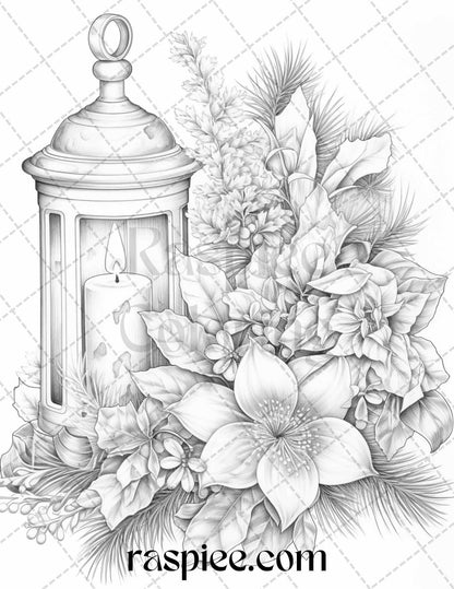 45 Christmas Flowers Grayscale Coloring Pages Printable for Adults, PDF File Instant Download