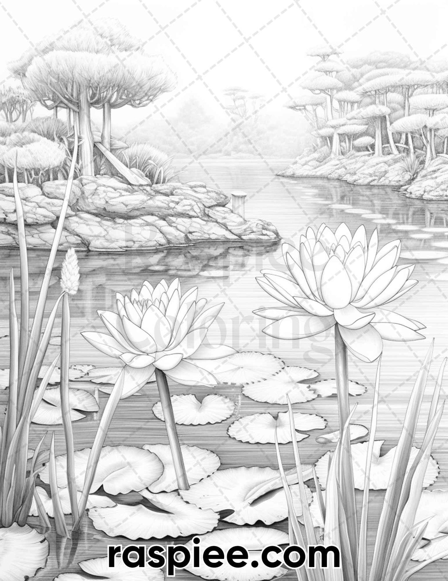 40 Lotus Pond Serenity Grayscale Adult Coloring Pages, Printable PDF Instant Download