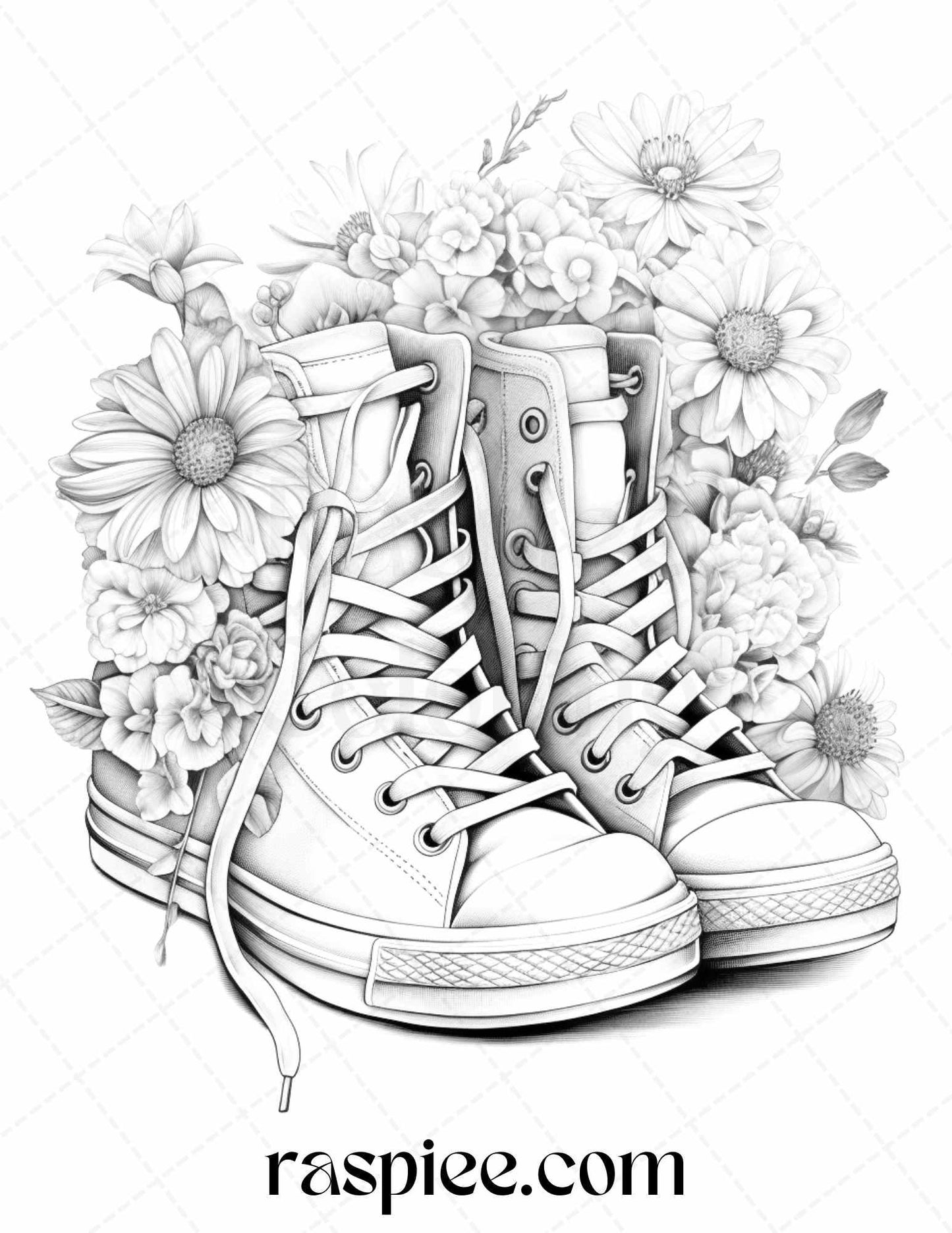 40 Flower Sneakers Grayscale Coloring Pages Printable for Adults, PDF File Instant Download