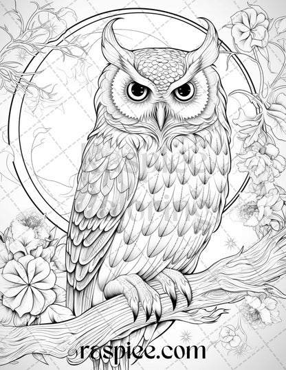 40 Floral Owl Grayscale Printable Coloring Pages for Adults, PDF File Instant Download