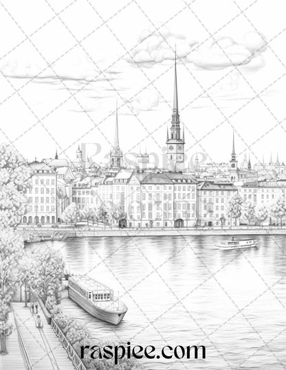 40 Beautiful Cities Travel Grayscale Coloring Pages Printable for Adults, PDF File Instant Download