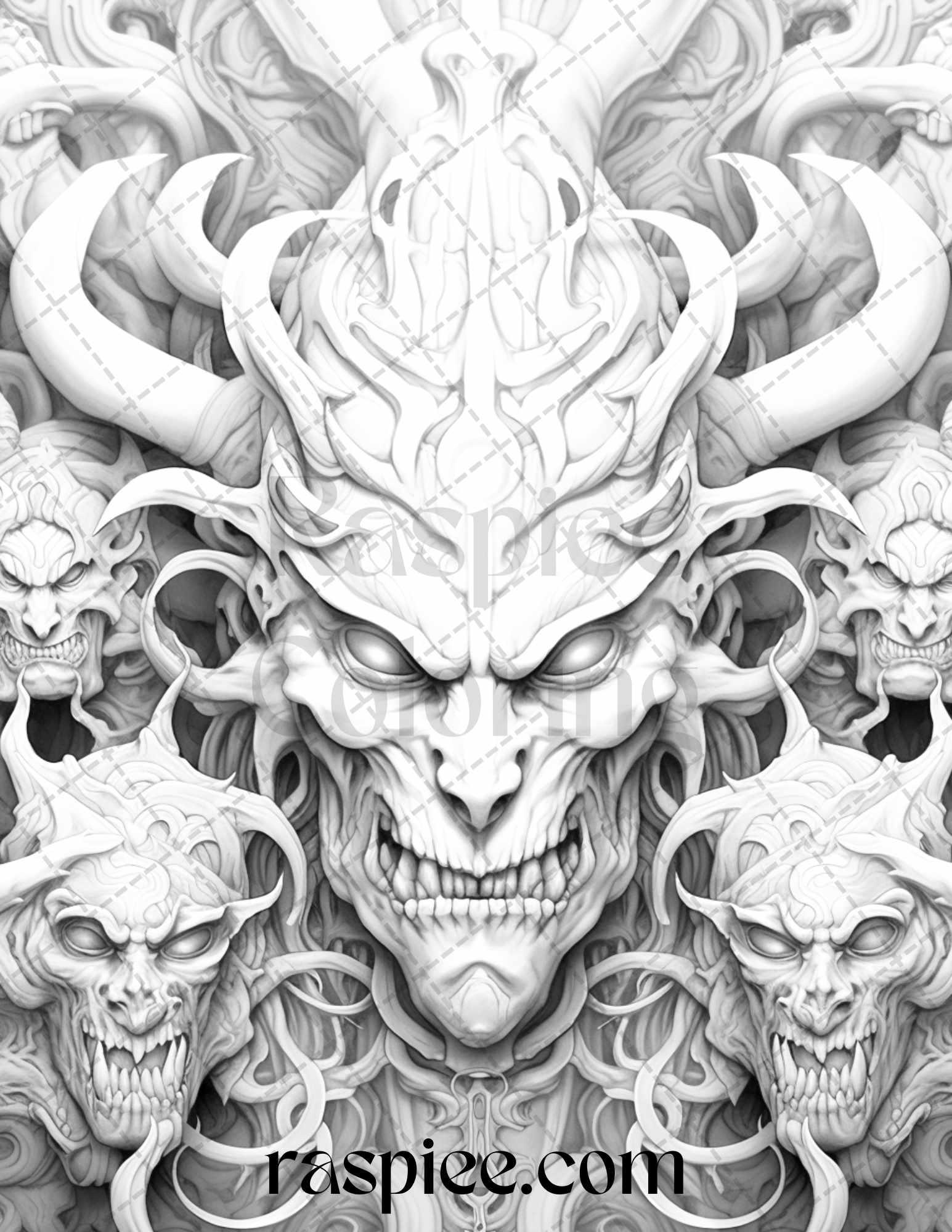 43 Fantasy Demons Grayscale Coloring Pages for Adults, Printable PDF File Instant Download