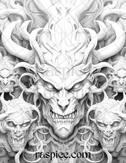 43 Fantasy Demons Grayscale Coloring Pages for Adults, Printable PDF File Instant Download