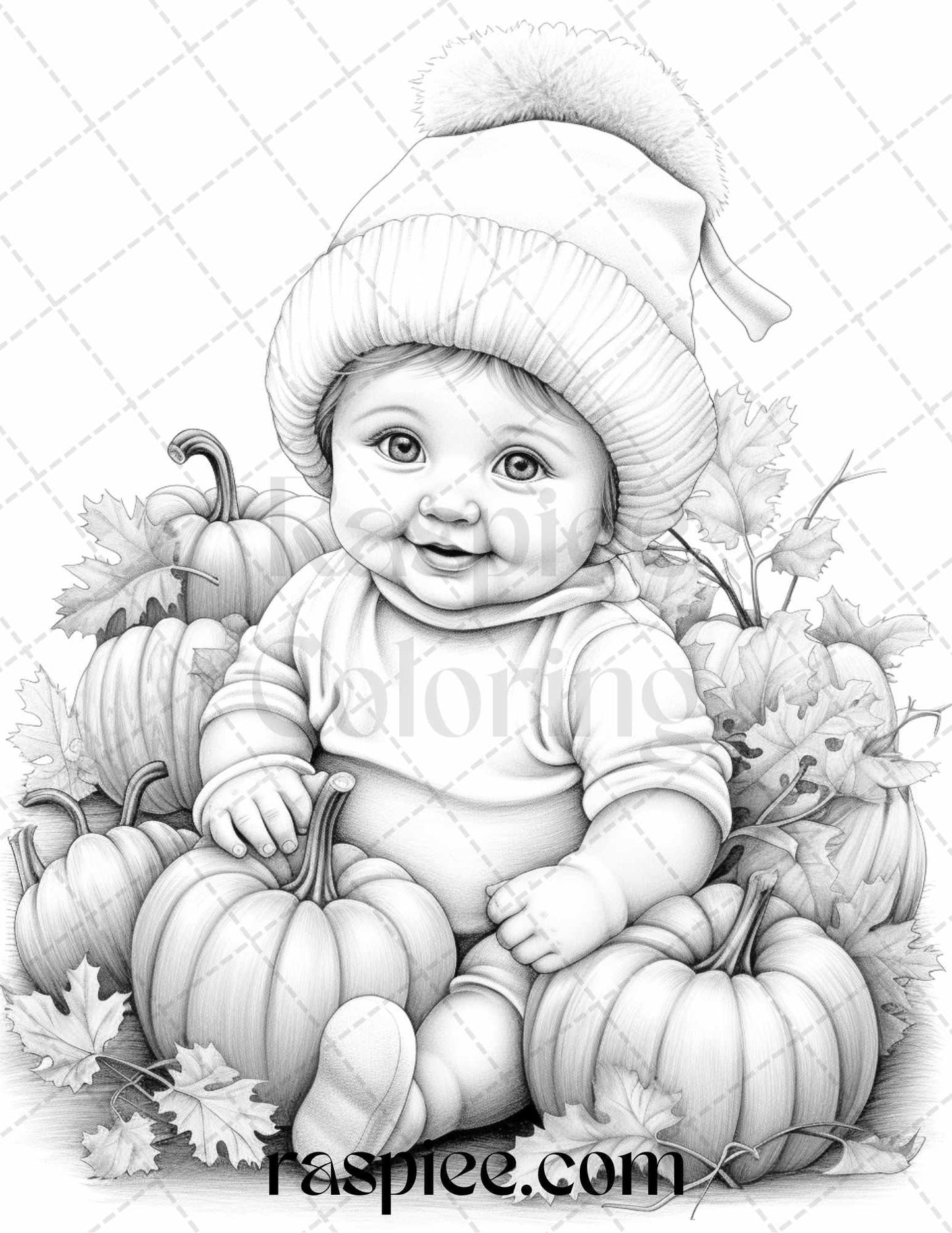 40 Pumpkin Babies Grayscale Coloring Pages for Adults and Kids, Printable PDF File Instant Download