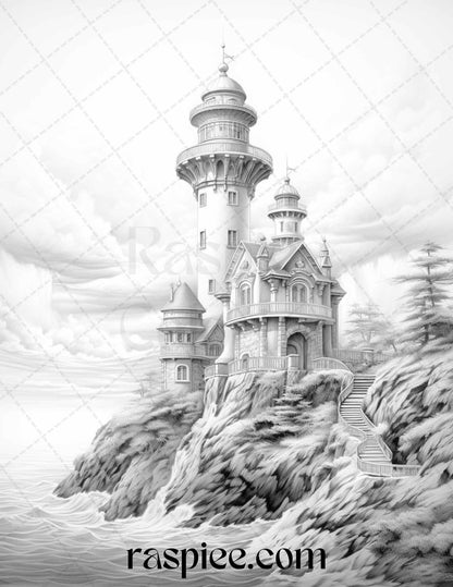 40 Majestic Lighthouses Grayscale Coloring Pages Printable for Adults, PDF File Instant Download