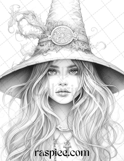 40 Beautiful Witches Grayscale Coloring Pages Printable for Adults, PDF File Instant Download