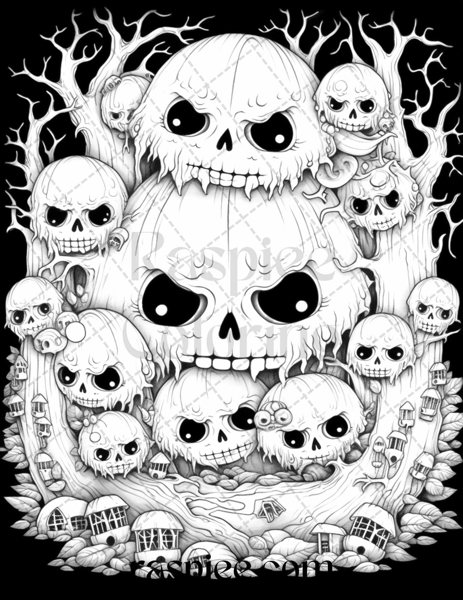 40 Halloween Creepy Kawaii Grayscale Coloring Pages for Adults and Kids, Printable PDF File Instant Download