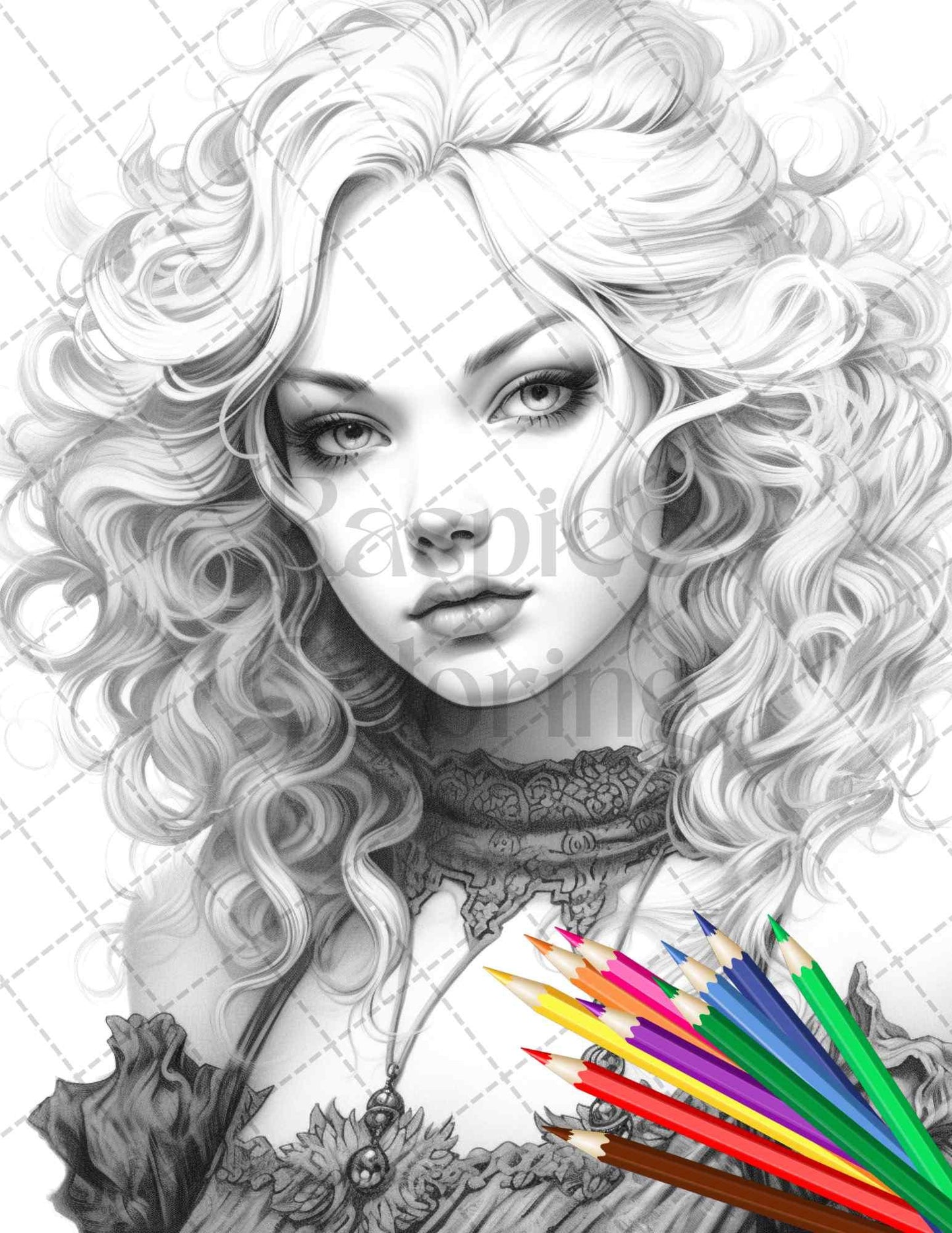 40 Beautiful Gothic Girls Grayscale Coloring Pages Printable for Adults, PDF File Instant Download