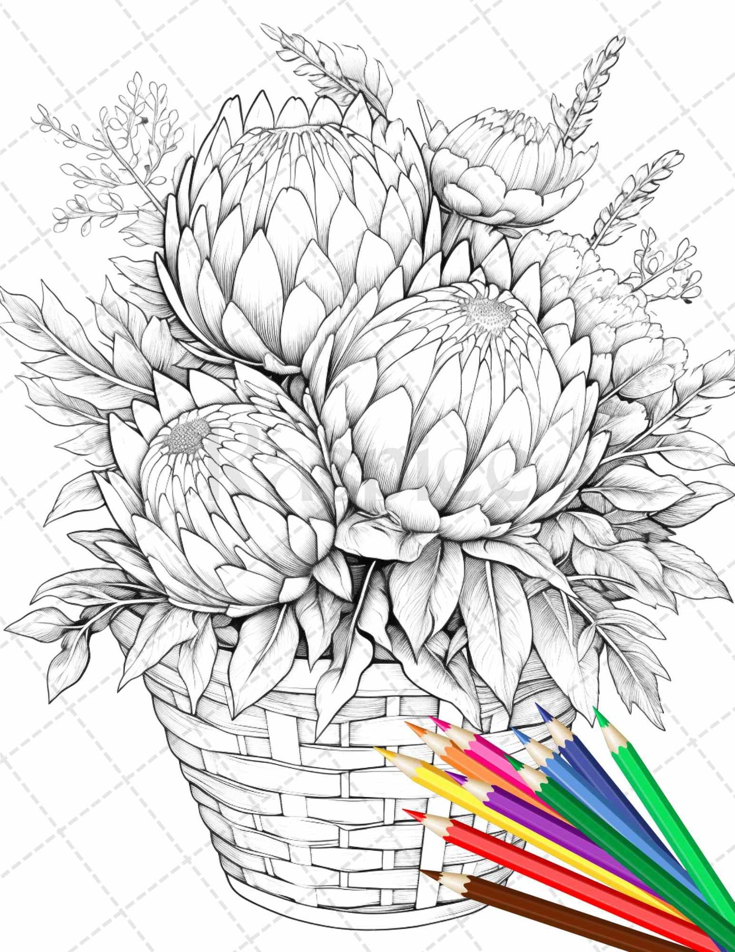 30 Flower Baskets Grayscale Coloring Pages for Adults, PDF File Instant Download