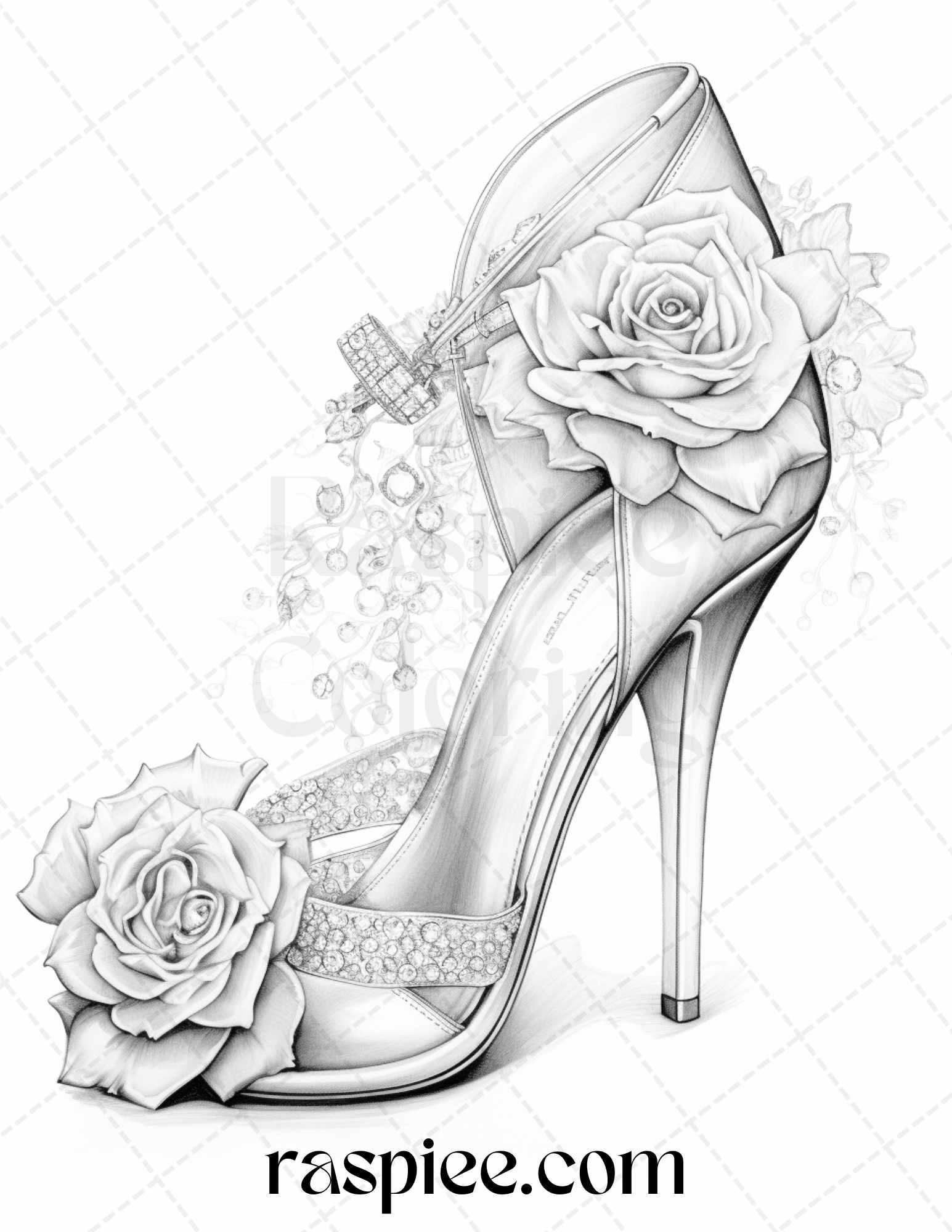 40 Flower Wedding Shoes Grayscale Coloring Pages Printable for Adults, PDF File Instant Download