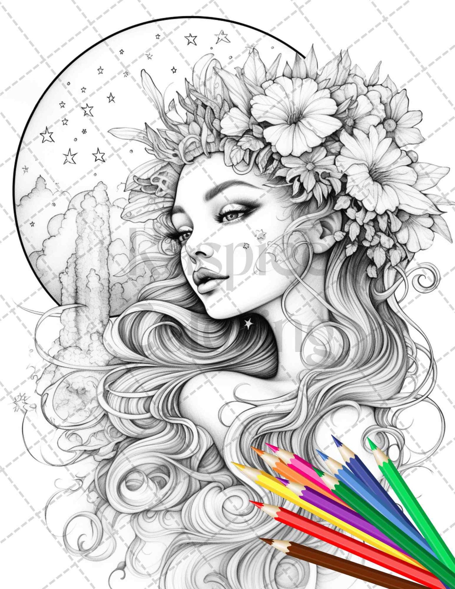 34 Beautiful Moon Fairies Grayscale Coloring Pages Printable for Adults, PDF File Instant Download