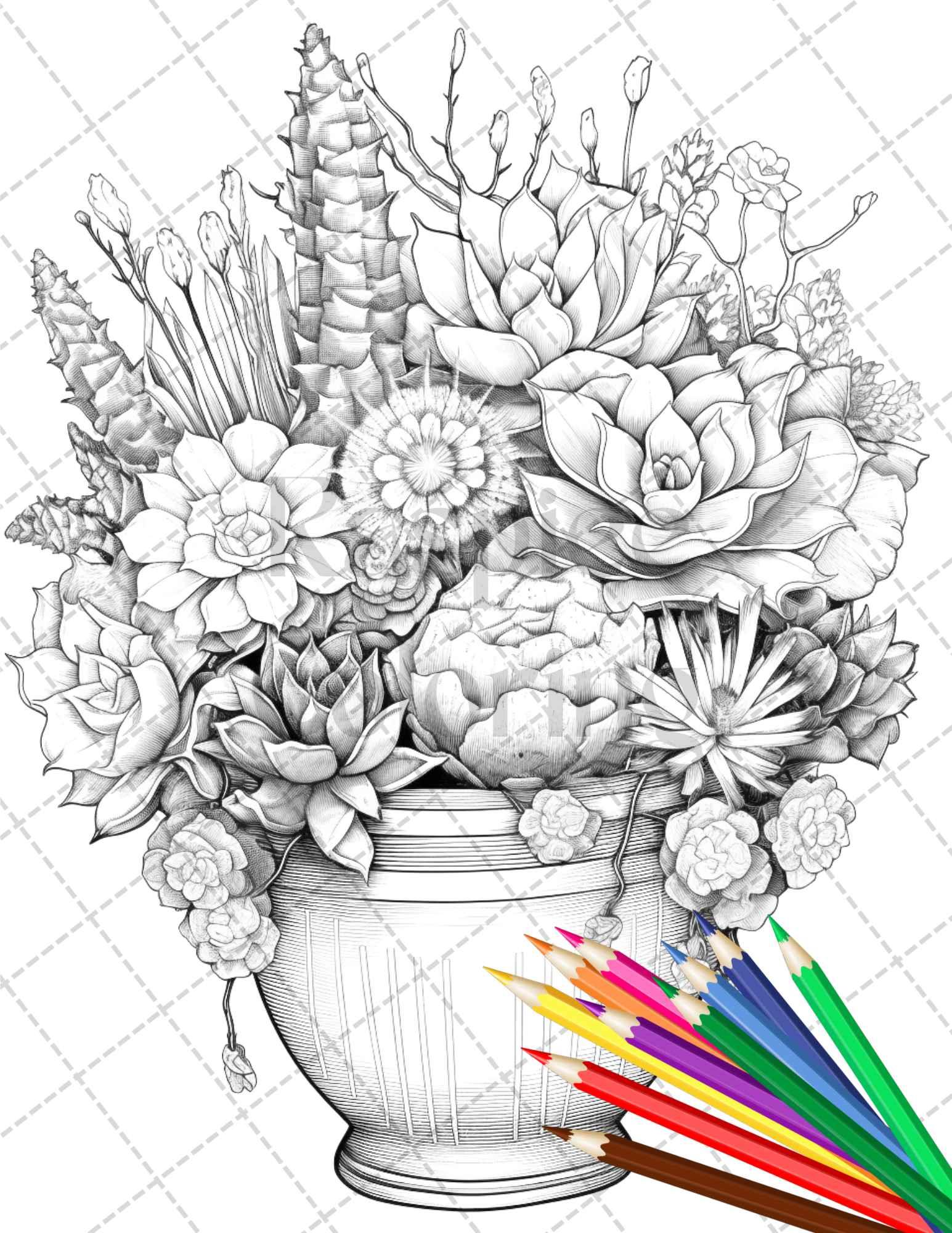 40 Charming Cactus Pots Grayscale Coloring Pages Printable for Adults, PDF File Instant Download