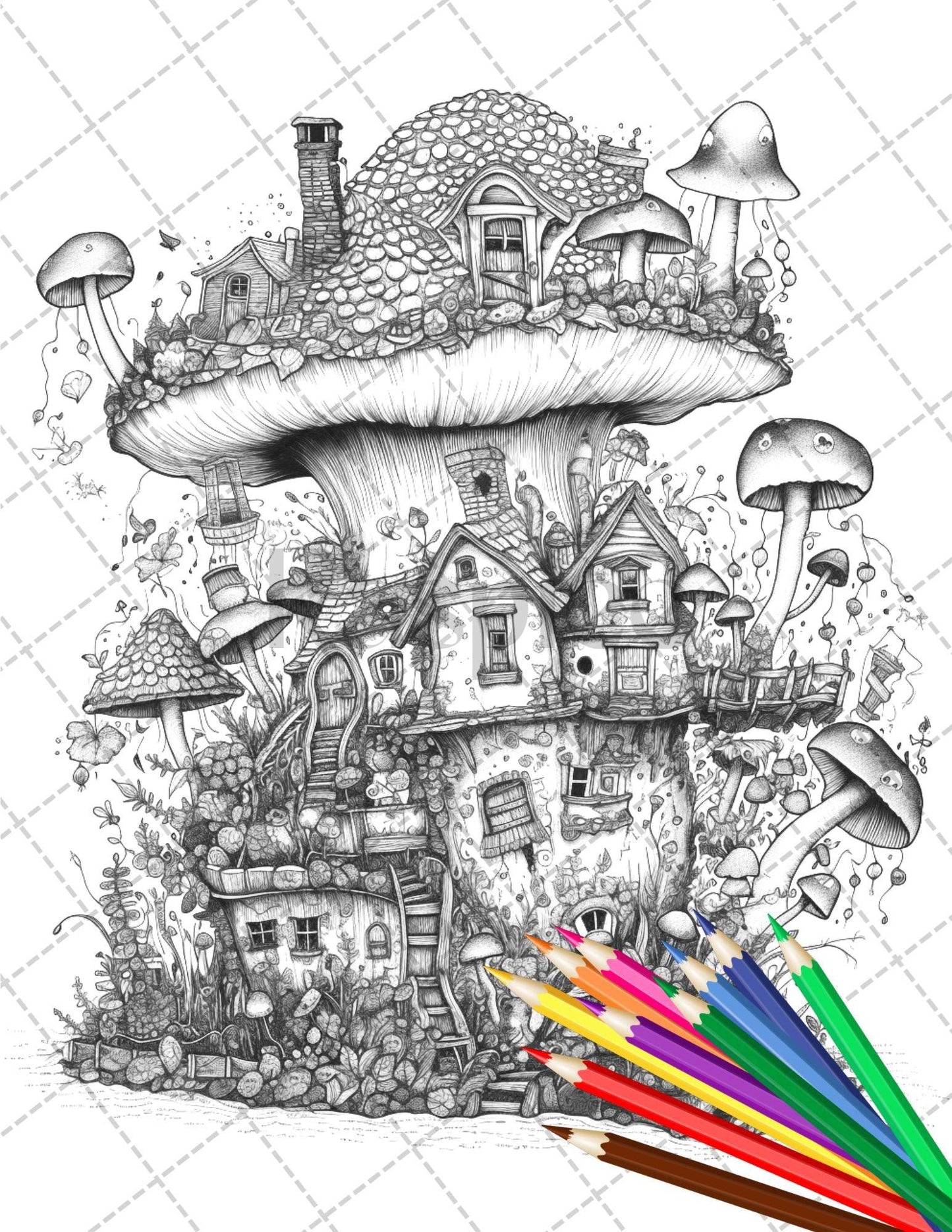 32 Whimsical Mushroom House Coloring Pages for Adults, Grayscale Coloring Book, Printable PDF File Download