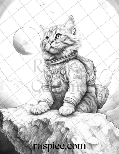 40 Cat Astronaut Grayscale Coloring Pages Printable for Adults Kids, PDF File Instant Download