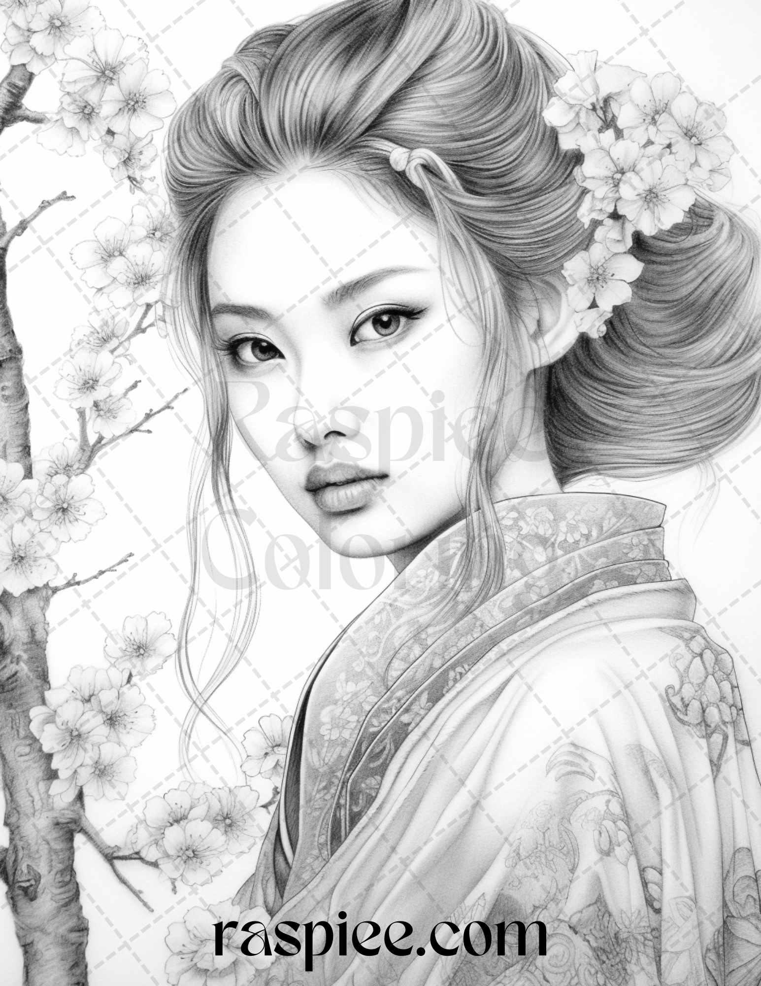 40 Beautiful Japanese Girls Grayscale Coloring Pages Printable for Adults, PDF File Instant Download