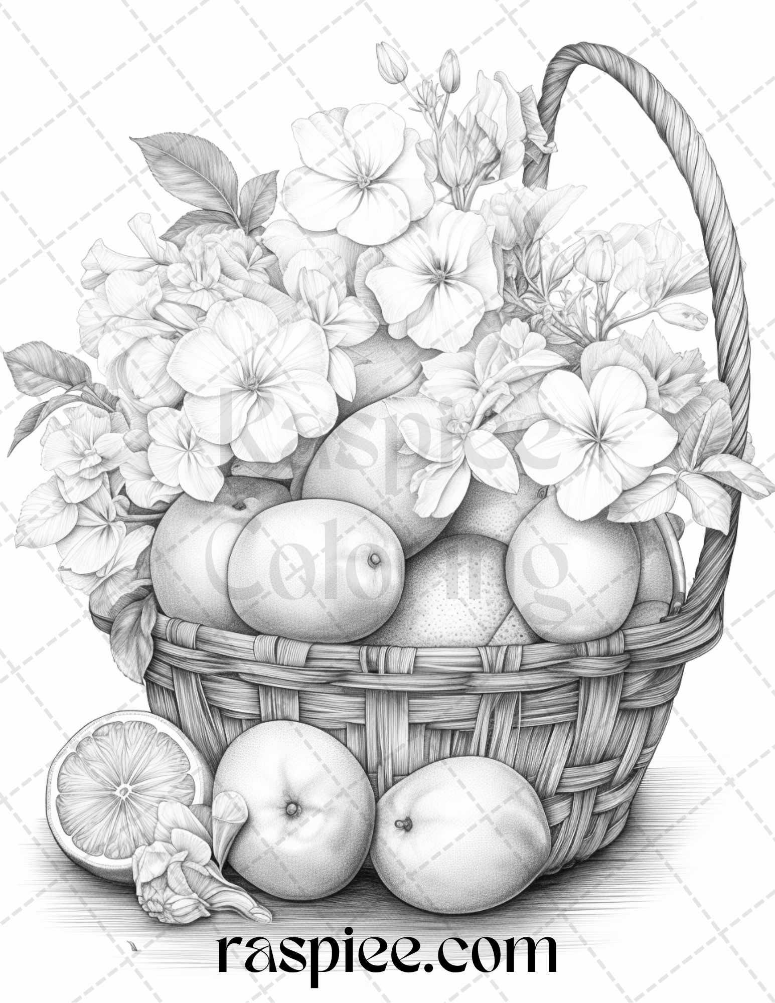 40 Fruit Basket Grayscale Coloring Pages Printable for Adults, PDF File Instant Download