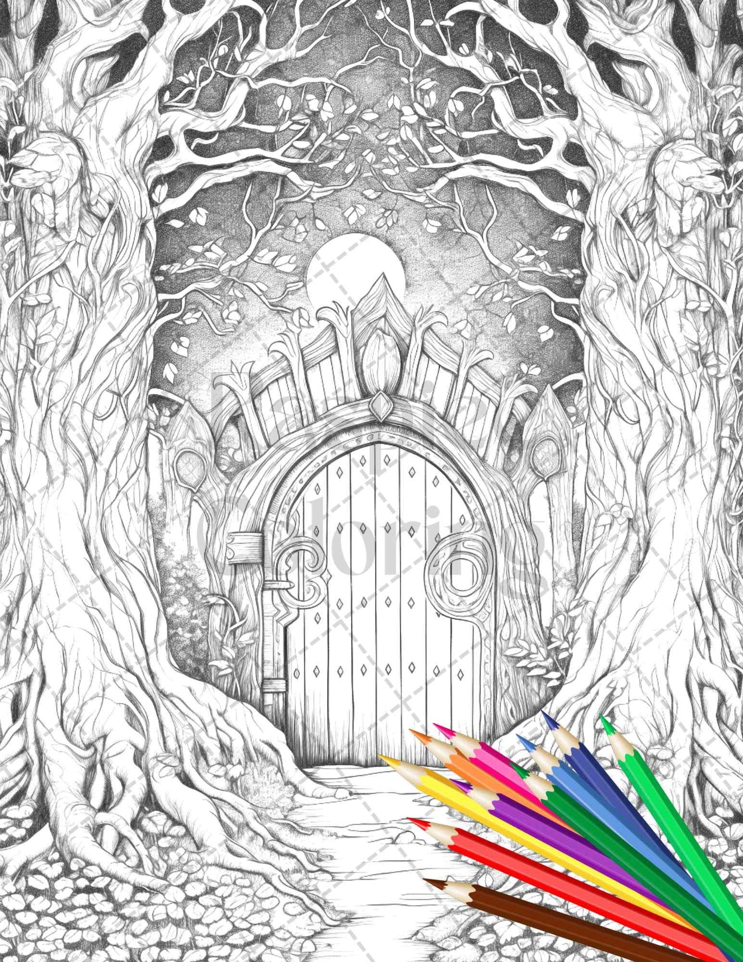 40 Magical Forest Gates Grayscale Coloring Pages Printable for Adults, PDF File Instant Download