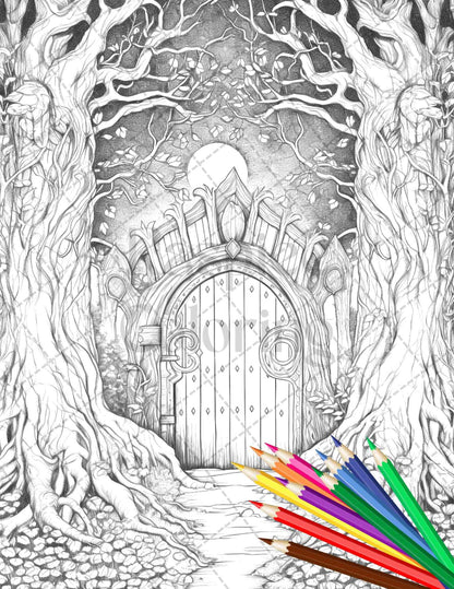 40 Magical Forest Gates Grayscale Coloring Pages Printable for Adults, PDF File Instant Download