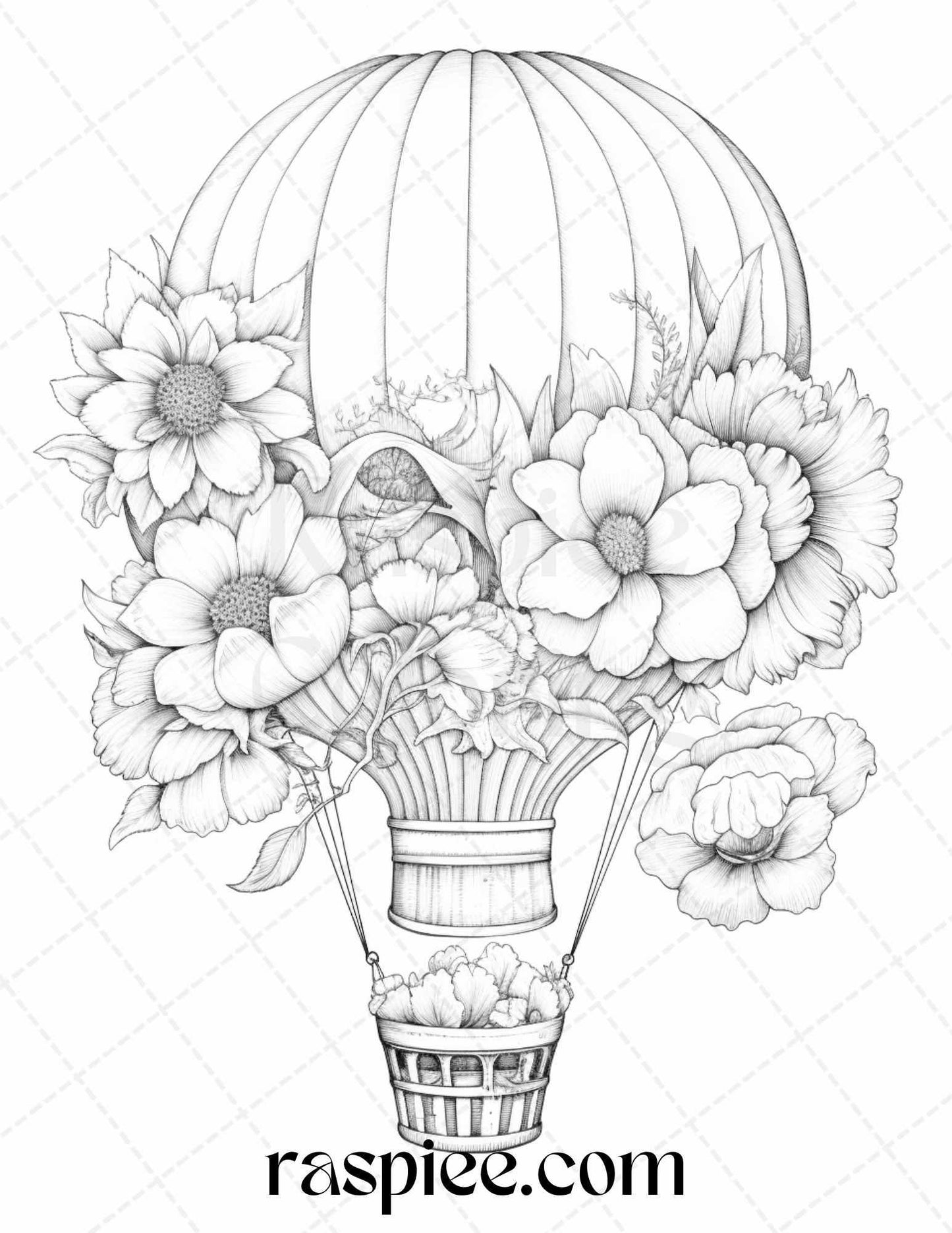 42 Flower Hot Air Balloons Grayscale Coloring Pages Printable for Adults, PDF File Instant Download