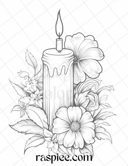 40 Flower Candles Grayscale Coloring Pages Printable for Adults, PDF File Instant Download