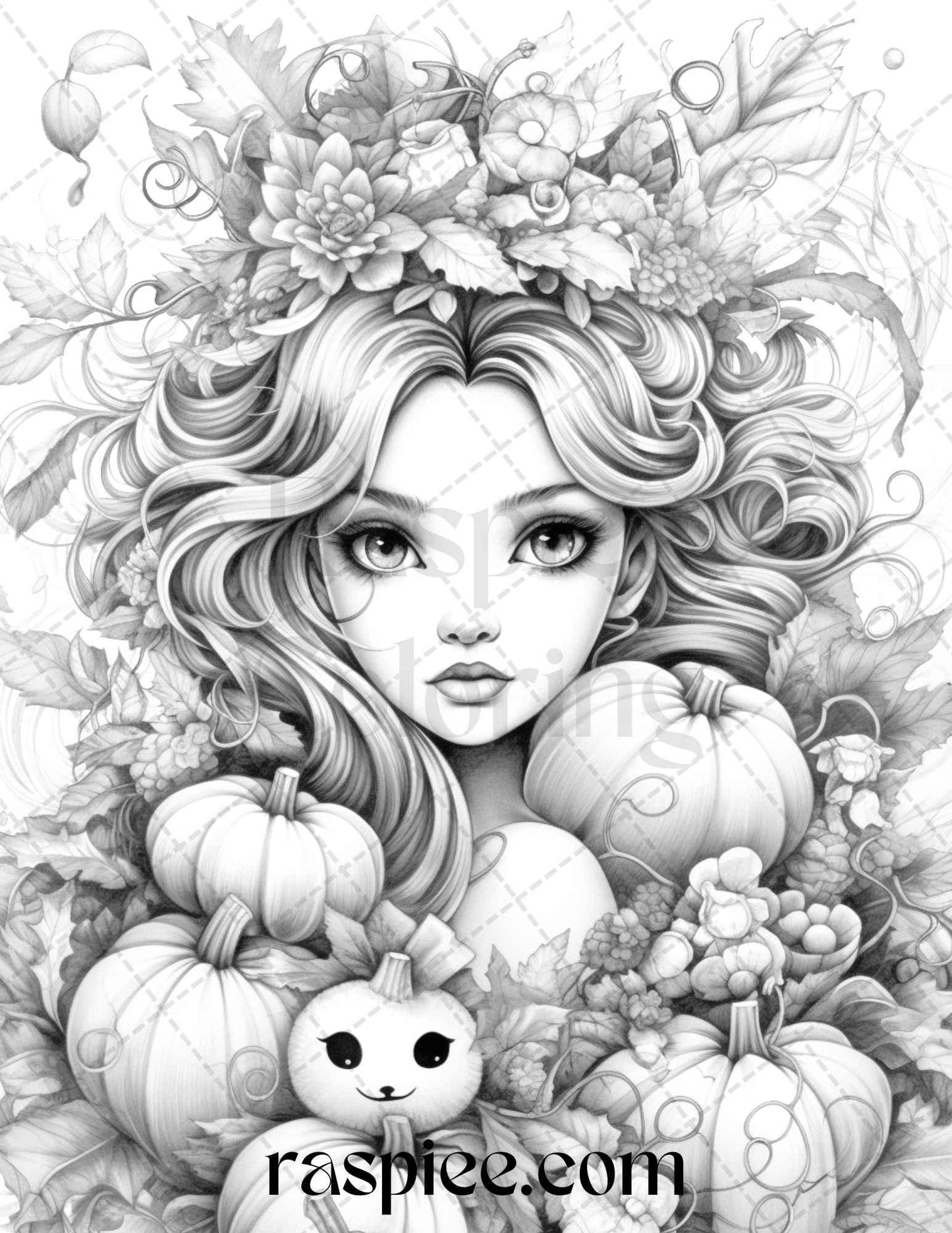 40 Pumpkin Fairy Girls Grayscale Coloring Pages Printable for Adults, PDF File Instant Download