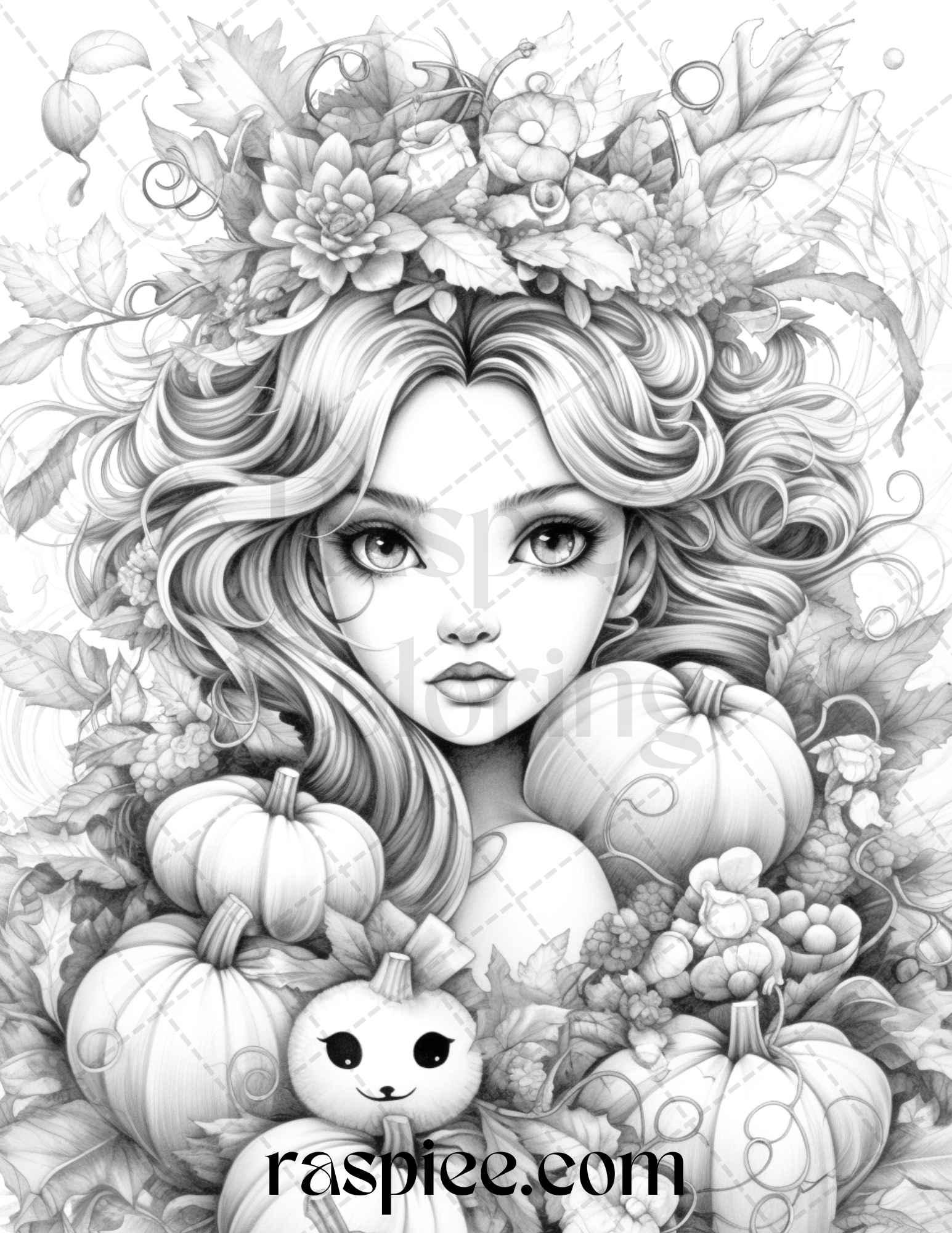 40 Pumpkin Fairy Girls Grayscale Coloring Pages Printable for Adults, PDF File Instant Download