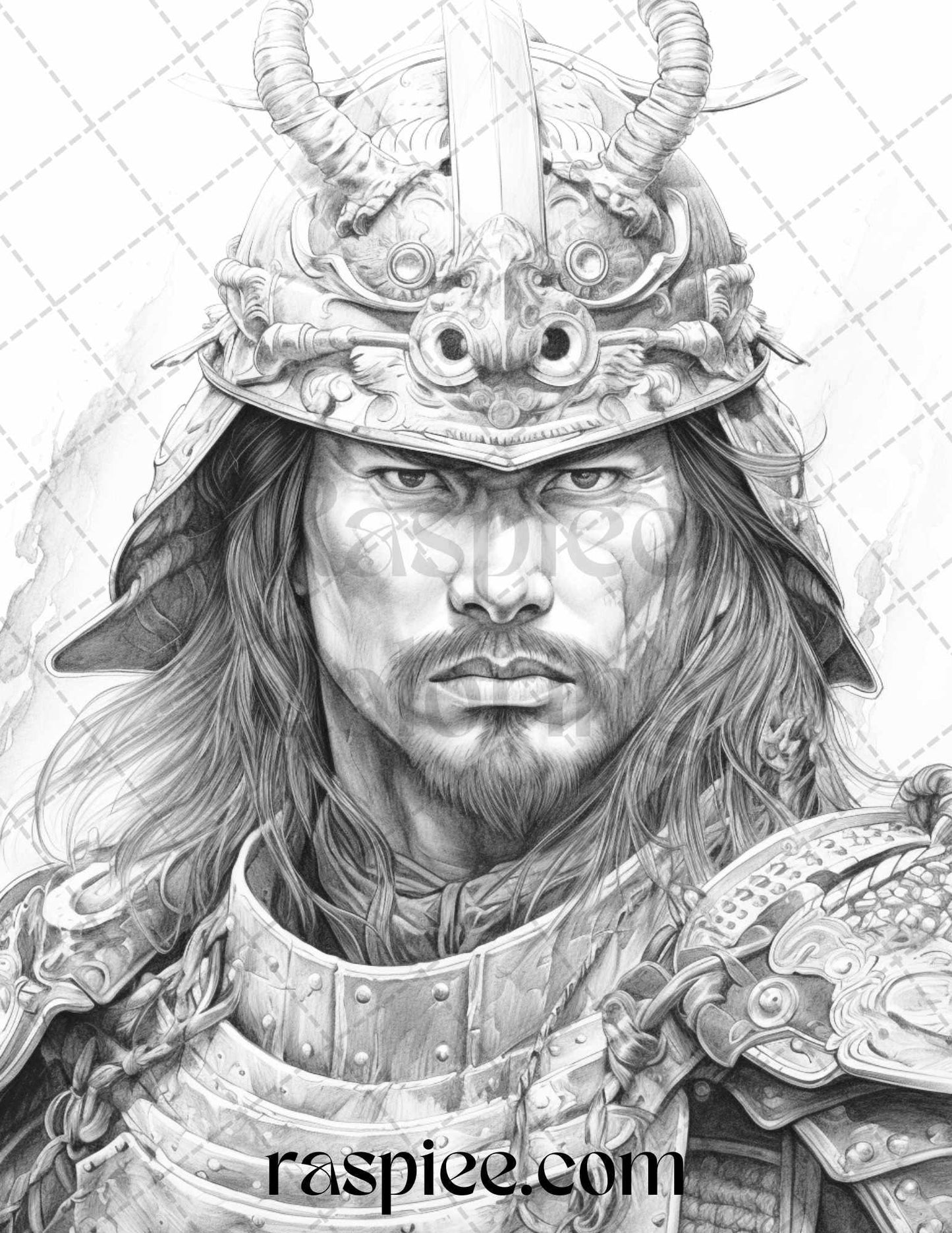 42 Japanese Samurai Grayscale Coloring Pages for Adults, Printable PDF File Instant Download