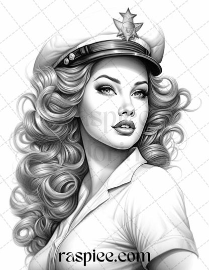 40 Sailor Pin Up Girls Grayscale Coloring Pages Printable for Adults, PDF File Instant Download