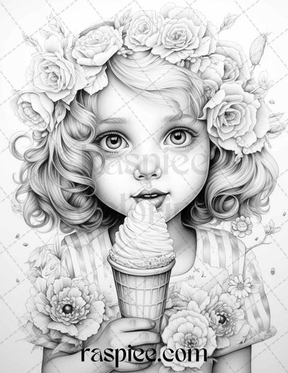 42 Adorable Girls with Ice Cream Grayscale Coloring Pages Printable for Adults Kids, PDF File Instant Download