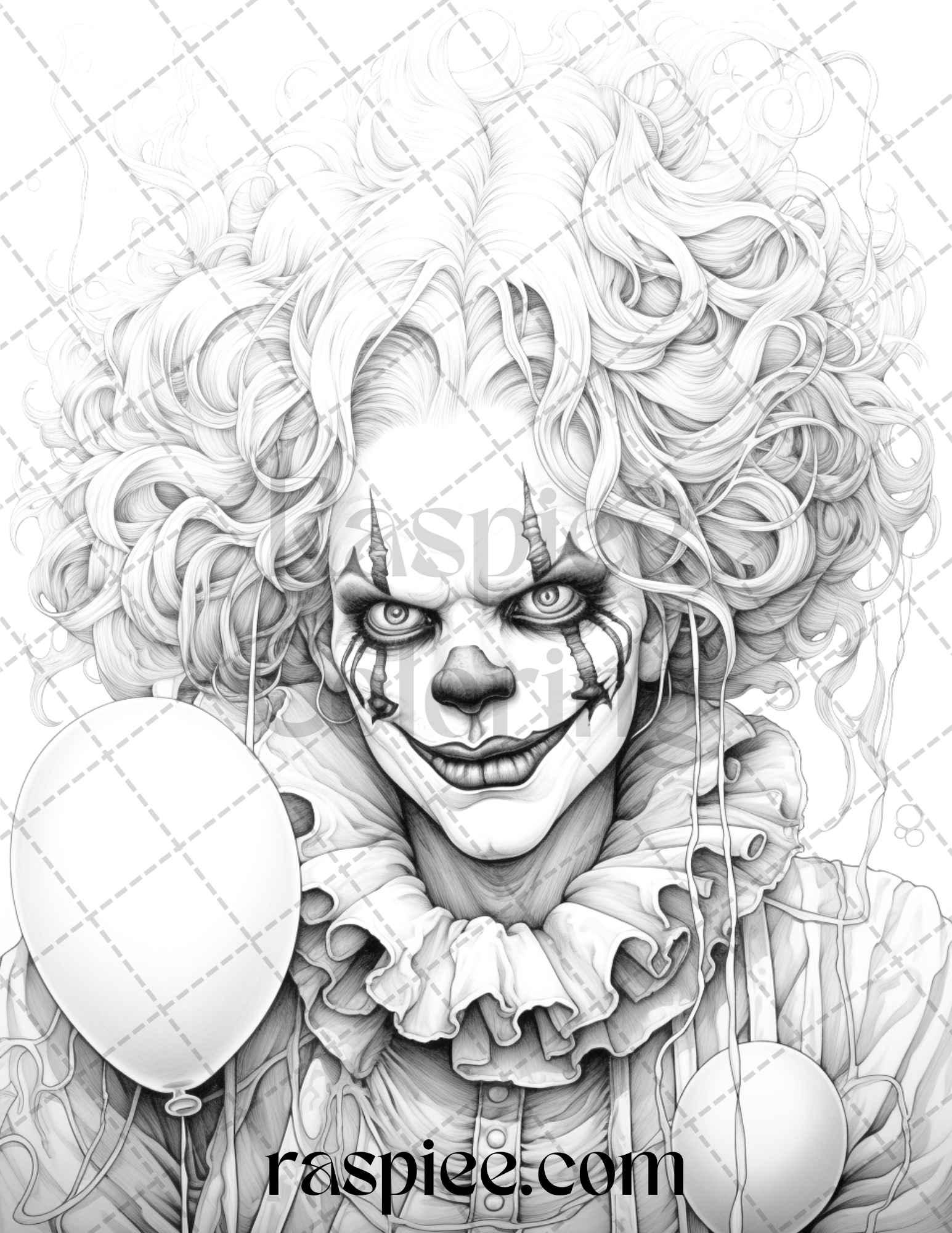 40 Spooky Clowns Grayscale Coloring Pages Printable for Adults, PDF File Instant Download